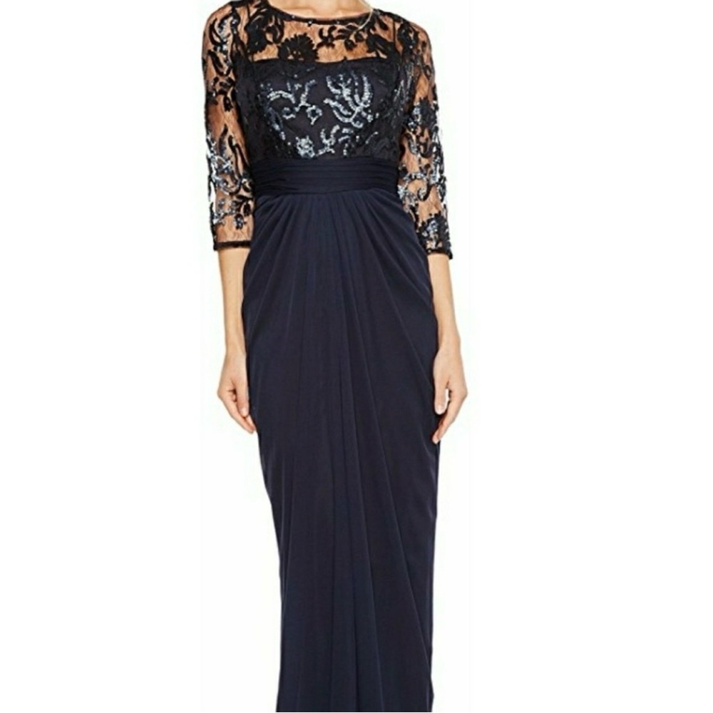 Adrianna Papell Elegant Navy Lace & Sequins Evening Gown size 8